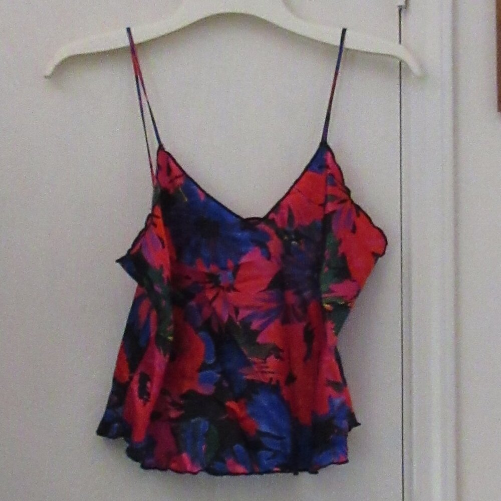 Large Red Blue Floral Cropped Silky Top